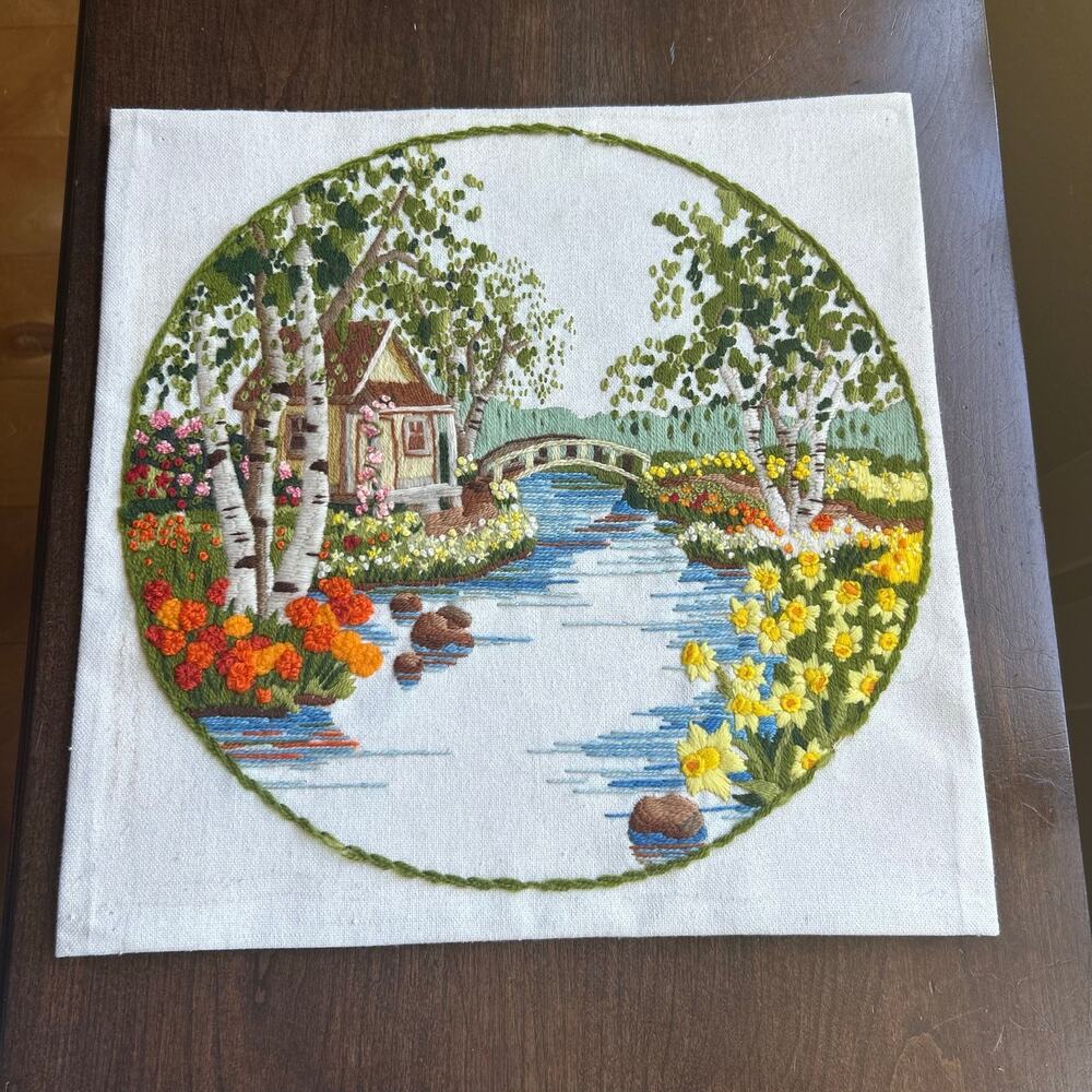 Vintage Sunset Stitchery Cottage Embroidery crewel finished piece floral stream